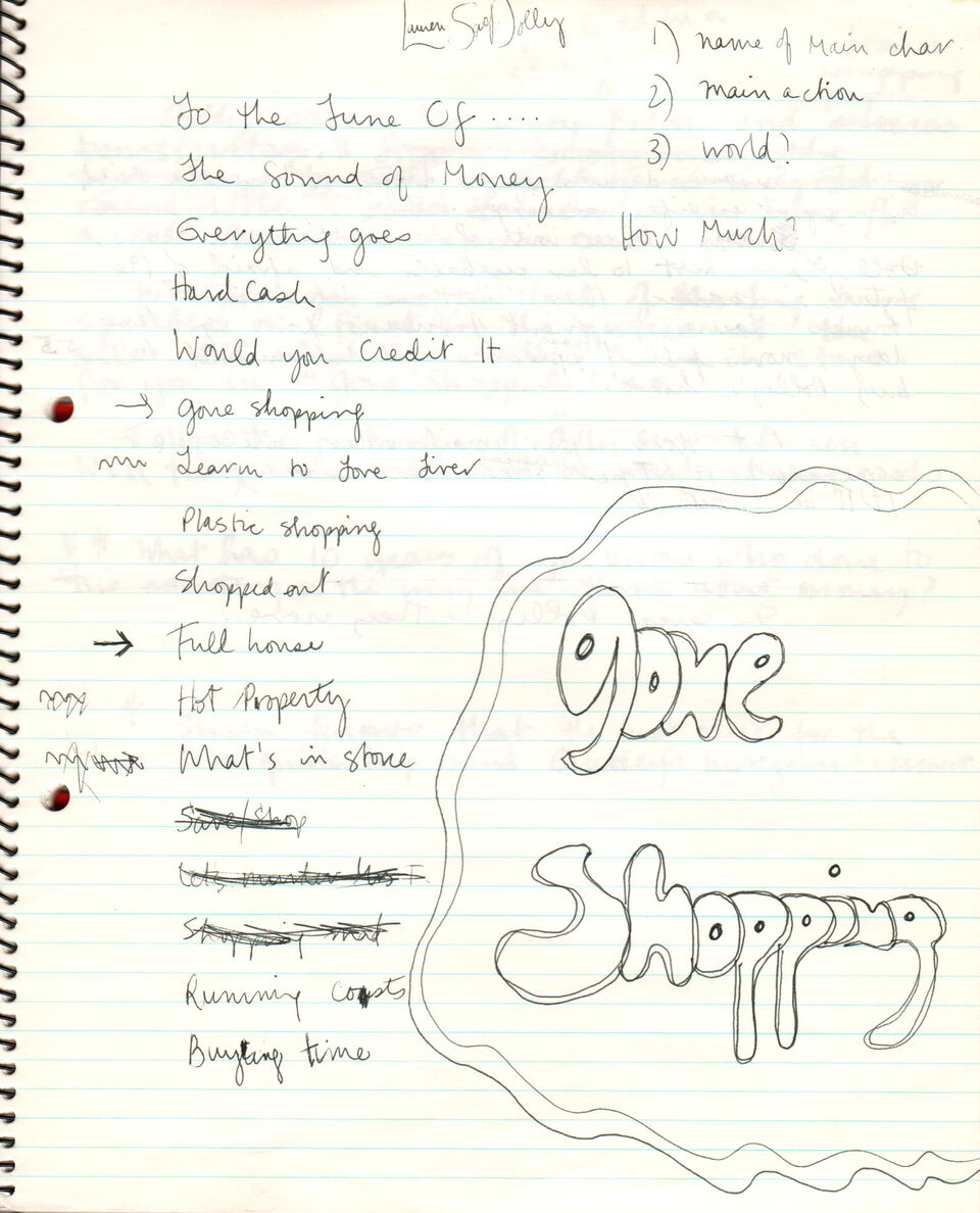 Handwritten notes with early alternate titles for "Gone Shopping"
