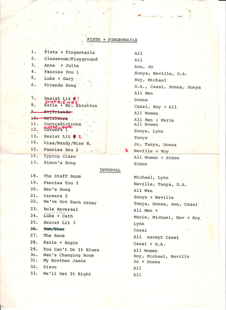 Running order for "Fists and Fingernails" with handwritten edits