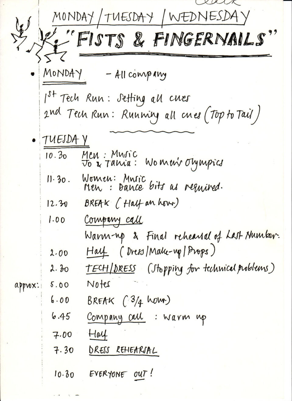 Handwritten schedule for the final rehearsals for "Fists and Fingernails"