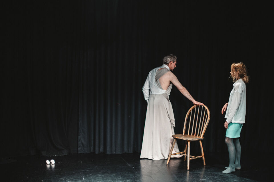 An actor and the director during rehearsals for "Nights and the Circus"