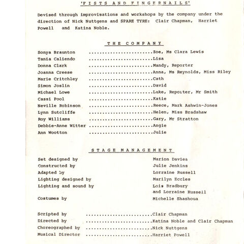 Cast list from the programme for "Fists and Fingernails"