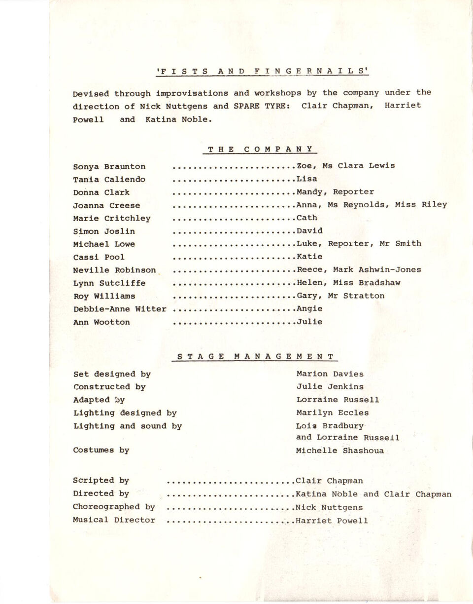 Cast list from the programme for "Fists and Fingernails"
